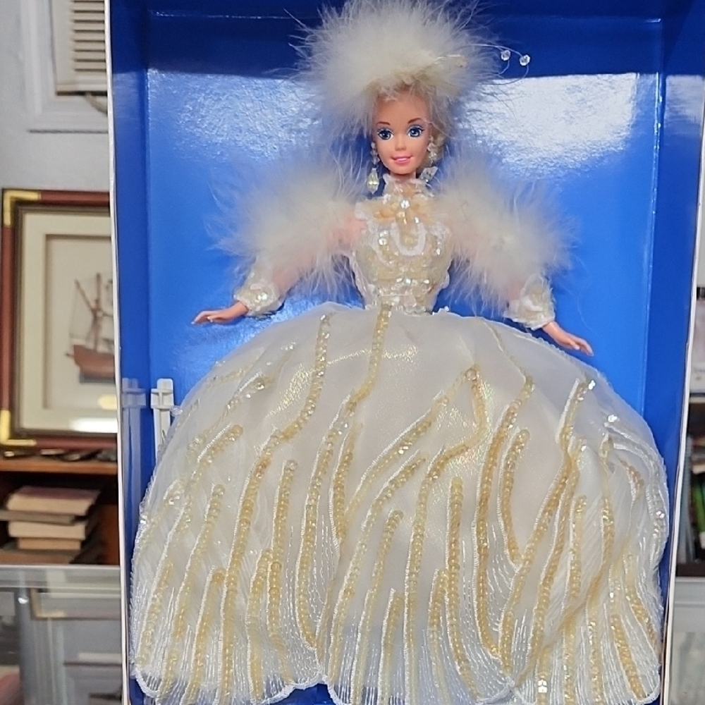 Elegant Barbie Doll in White and Gold Gown Snow Princess Barbie